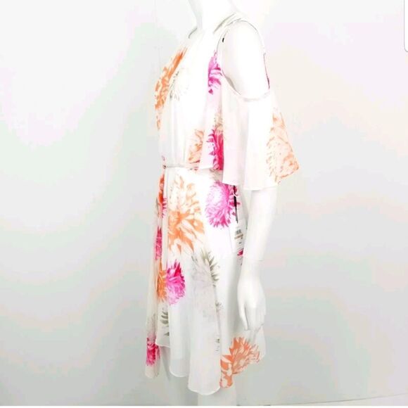 NWT Calvin Klein Womens Size 10 Orange & Pink Floral Cold Shoulder Dress Belted - Picture 4 of 9